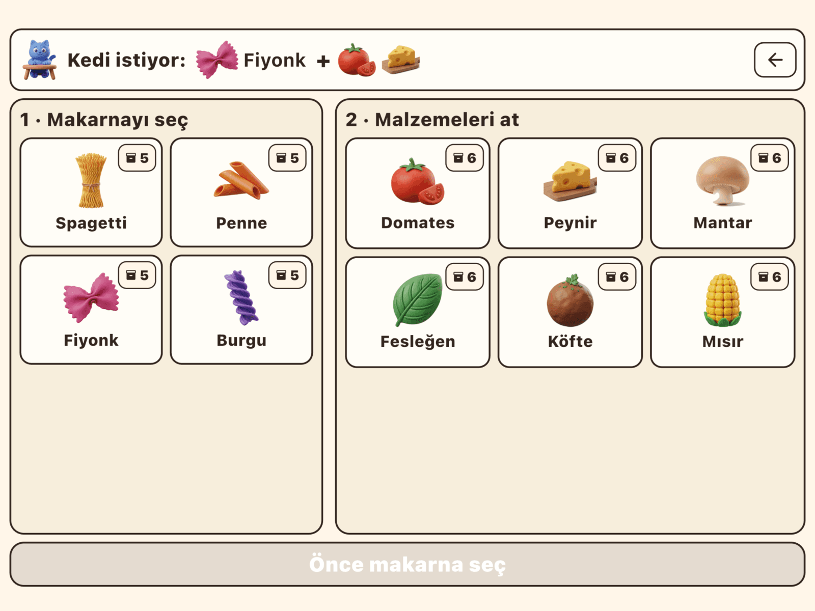 Building a dish in Sweet Pasta